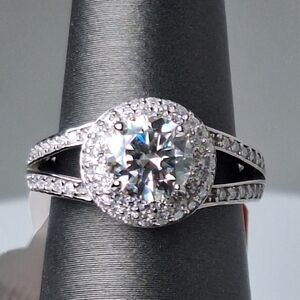 Real Moissanite Diamond 1ctw Halo Ring Rhodium 925 Sterling Silver Stamped S925